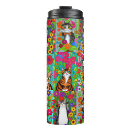 Niedliche Whimsical Folk Art Katzen und Blume gequ Thermosbecher