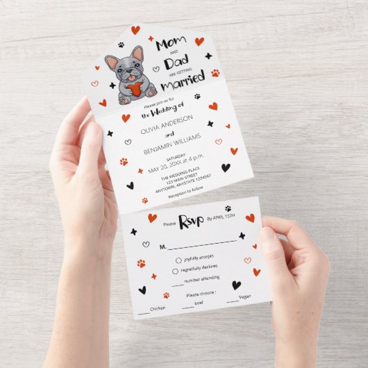 Niedliche Whimsical French Bulldog Wedding All In One Einladung (Abreißen)