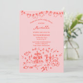 Niedliche Whimsical Hand Dragezeichnet Rosa Red Ba Einladung (Stehend Vorderseite)