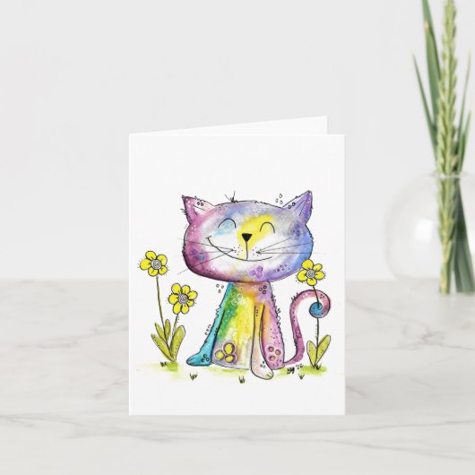 Niedliche Whimsical Happy Cat mit gelben Blumen Karte (Vorderseite)