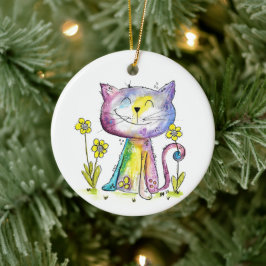 Niedliche Whimsical Happy Cat mit gelben Blumen Keramik Ornament