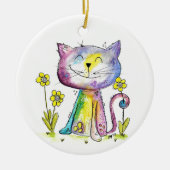 Niedliche Whimsical Happy Cat mit gelben Blumen Keramik Ornament (Vorne)