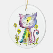 Niedliche Whimsical Happy Cat mit gelben Blumen Keramik Ornament (Links)