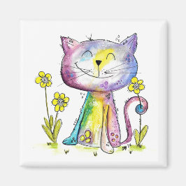 Niedliche Whimsical Happy Cat mit gelben Blumen Magnet