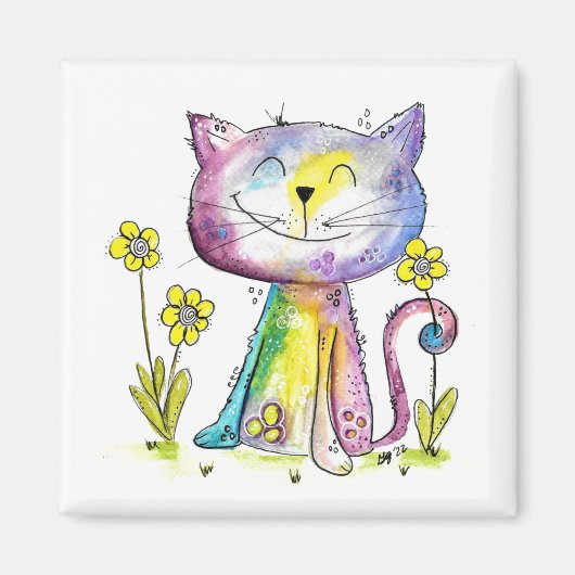 Niedliche Whimsical Happy Cat mit gelben Blumen Magnet (Vorne)