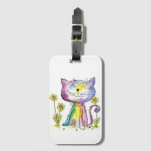Niedliche Whimsical Happy Cat mit gelber Blume Gepäckanhänger (Vorderseite Vertikal)