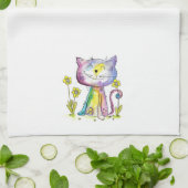 Niedliche Whimsical Happy Cat mit gelber Blume Geschirrtuch (Gefaltet)