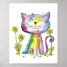 Niedliche Whimsical Happy Cat mit gelber Blume Poster