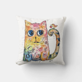 Niedliche Whimsical Happy Cat with Bird Kissen