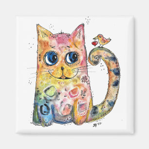 Niedliche Whimsical Happy Cat with Bird Magnet
