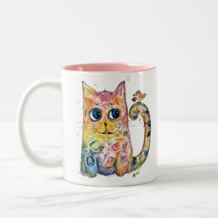 Niedliche Whimsical Happy Cat with Bird Zweifarbige Tasse
