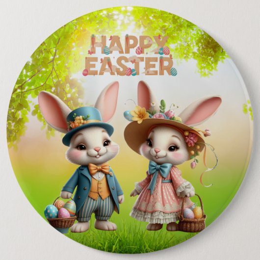Niedliche, Whimsical Happy Oaster mit 2 Kaninchen Button (Vorderseite)