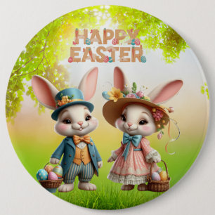 Niedliche, Whimsical Happy Oaster mit 2 Kaninchen Button