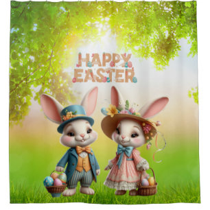 Niedliche, Whimsical Happy Oaster mit 2 Kaninchen Duschvorhang