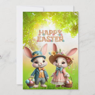 Niedliche, Whimsical Happy Oaster mit 2 Kaninchen Feiertagskarte
