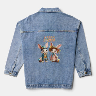 Niedliche, Whimsical Happy Oaster mit 2 Kaninchen Jeansjacke