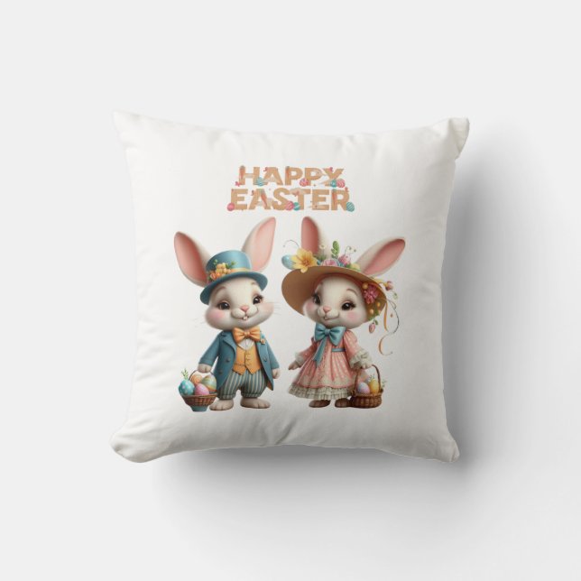 Niedliche, Whimsical Happy Oaster mit 2 Kaninchen Kissen (Vorderseite)