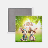 Niedliche, Whimsical Happy Oaster mit 2 Kaninchen Magnet (Vorderseite/Rückseite)
