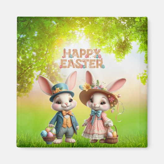 Niedliche, Whimsical Happy Oaster mit 2 Kaninchen Magnet (Vorne)
