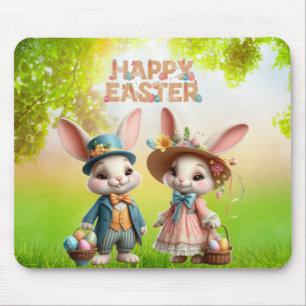 Niedliche, Whimsical Happy Oaster mit 2 Kaninchen Mousepad