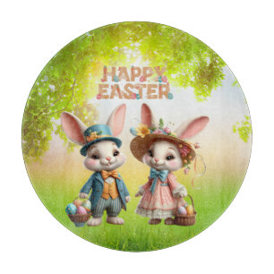 Niedliche, Whimsical Happy Oaster mit 2 Kaninchen Schneidebrett