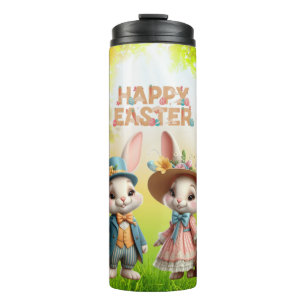 Niedliche, Whimsical Happy Oaster mit 2 Kaninchen Thermosbecher