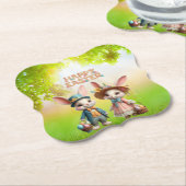 Niedliche, Whimsical Happy Oaster mit 2 Kaninchen Untersetzer (angewinkelt)