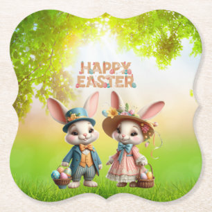 Niedliche, Whimsical Happy Oaster mit 2 Kaninchen Untersetzer