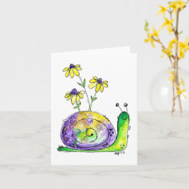 Niedliche Whimsical Happy Snail mit gelben Blumen Karte