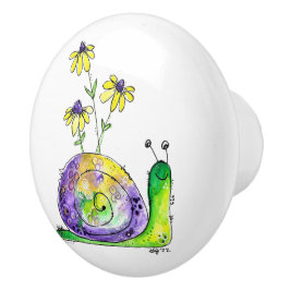 Niedliche Whimsical Happy Snail mit gelben Blumen Keramikknauf