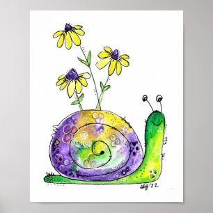 Niedliche Whimsical Happy Snail mit gelben Blumen Poster