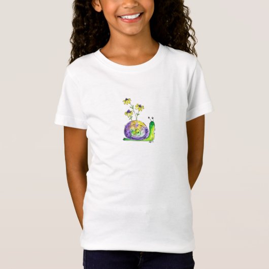 Niedliche Whimsical Happy Snail mit gelben Blumen T-Shirt (Vorderseite)