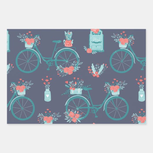 Niedliche Whimsical Hearts Blume Pattern Navy Blue Geschenkpapier Set (Vorderseite 2)