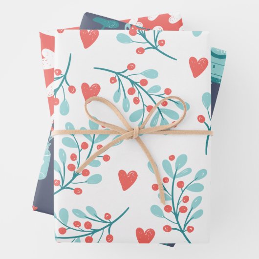 Niedliche Whimsical Hearts Blume Pattern Navy Blue Geschenkpapier Set (Beispiel)