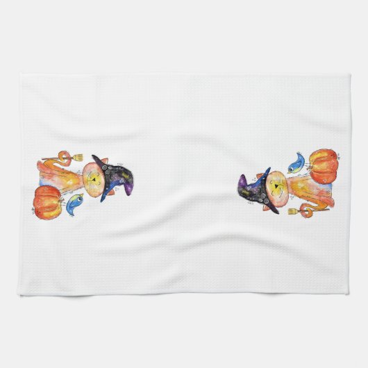Niedliche Whimsical Hexenkatze mit Pumpkin Geschirrtuch (Horizontal)