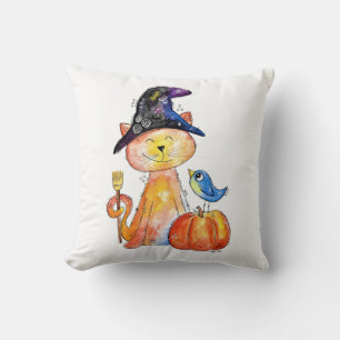 Niedliche Whimsical Hexenkatze mit Pumpkin Kissen