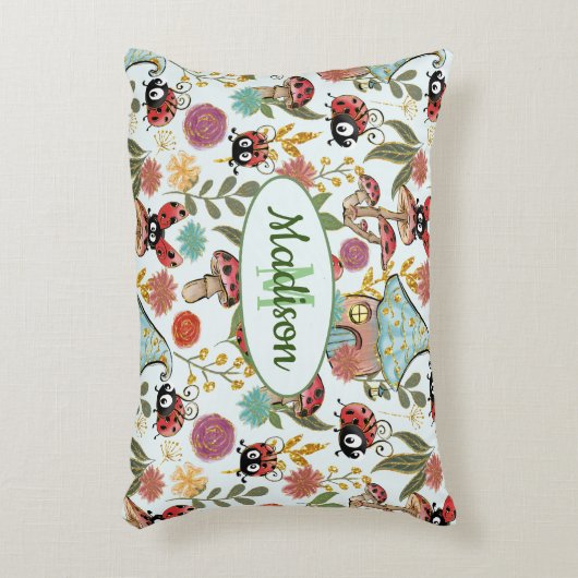 Niedliche Whimsical Ladybugs Mushrooms Blume Monog Dekokissen (Vorderseite(Vertikal))