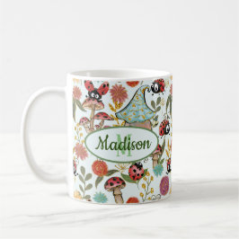 Niedliche Whimsical Ladybugs Mushrooms Blume Monog Kaffeetasse