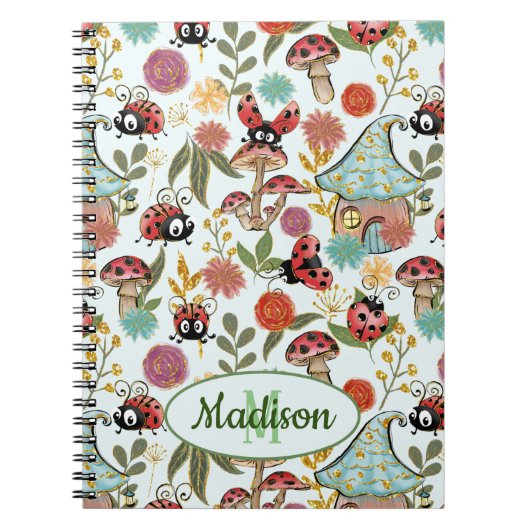 Niedliche Whimsical Ladybugs Mushrooms Blume Monog Notizblock (Vorderseite)