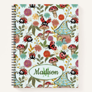 Niedliche Whimsical Ladybugs Mushrooms Blume Monog Notizblock