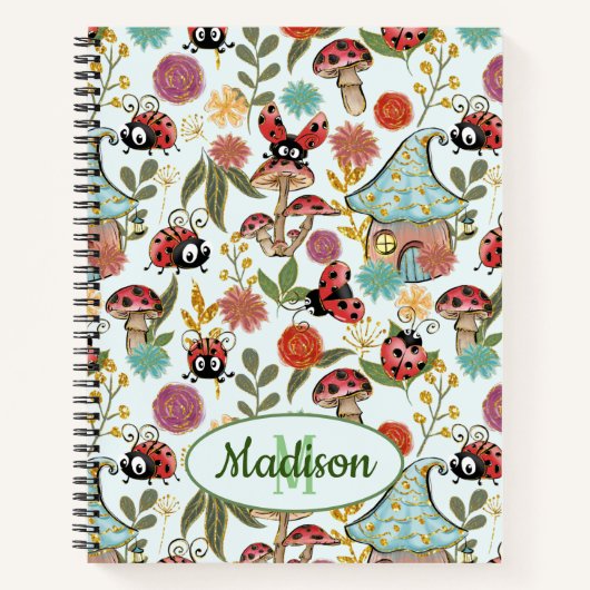 Niedliche Whimsical Ladybugs Mushrooms Blume Monog Notizblock (Vorderseite)