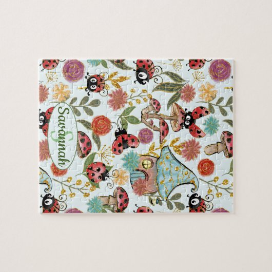 Niedliche Whimsical Ladybugs Mushrooms Blume Monog Puzzle (Horizontal)