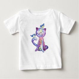 Niedliche Whimsical Lila Katze mit Vögeln Baby T-shirt