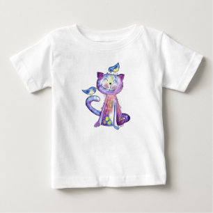 Niedliche Whimsical Lila Katze mit Vögeln Baby T-shirt