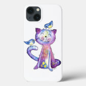 Niedliche Whimsical Lila Katze mit Vögeln Case-Mate iPhone Hülle (Rückseite)