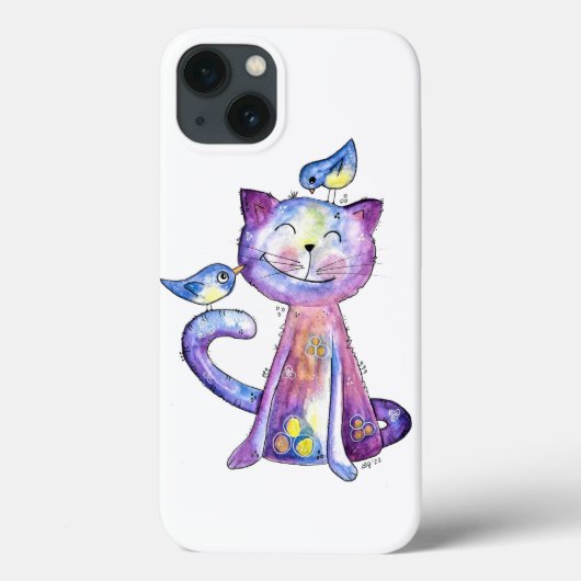 Niedliche Whimsical Lila Katze mit Vögeln Case-Mate iPhone Hülle (Rückseite)