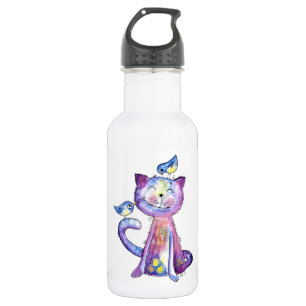 Niedliche Whimsical Lila Katze mit Vögeln Edelstahlflasche