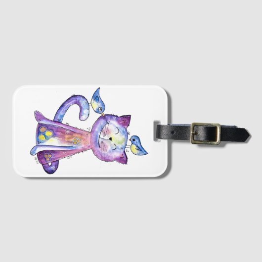 Niedliche Whimsical Lila Katze mit Vögeln Gepäckanhänger (Vorderseite (Horizontal))