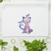 Niedliche Whimsical Lila Katze mit Vögeln Geschirrtuch (Gefaltet)