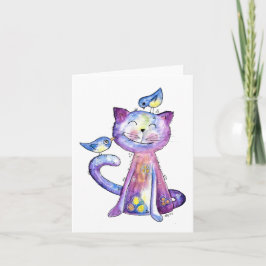 Niedliche Whimsical Lila Katze mit Vögeln Karte